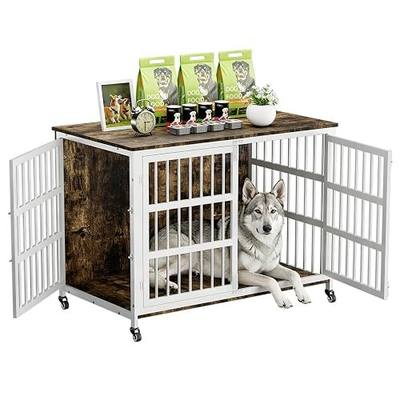 46" XXL Dog Crate Furniture with Wheels, Heavy Duty Metal & Wooden Dog Kennel Indoor for Medium & Large Dogs, 45.7" L x 27.6" W x 31.5" H, Decorative Pet House, TV Stand — Rustic Brown & White