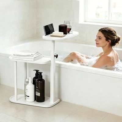 3 Layer Bathtub Tray Table,Bamboo Swivel Bathtub Side Table Height Adjustable,Freestanding Bathtub Tray for Tub Against Wall,Bathtub Accessories&Bathroom Organizer for Luxury Home Spa (White)