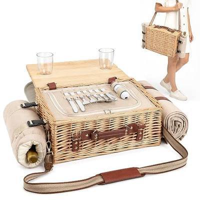 Hap Tim Multifunctional Wicker Picnic Basket Set for 2 with Picnic Table & Blankets, Gifts for Couple, Engagement, Wedding, Bridal Shower, Family, White Elephant(Y2604)