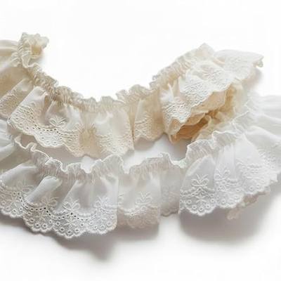 4 Yards Beige Ruffled Embroidered Cotton Lace Trim | Eyelet Lace Trim for Sewing Cuffs, Dresses, Pets Clothes, DIY Decorations