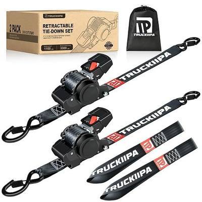 Truckiipa Retractable Ratchet Straps - 2Pack 2 Inch x 13 Ft (3300lb Break Strength) - Heavy Duty Auto Self Retractable Strap Tie Down Kit with Loop for Trucks, Motorcycle, Cargo Trailer (Black)