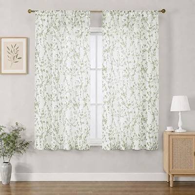 OWENIE Sage Green Leaf Sheer Curtains 63" Long 2 Panels for Bedroom Living Room, Farmhouse Light Filtering Rod Pocket Window Draperies Treatment, White Background Floral Printed See Through 40Wx63L