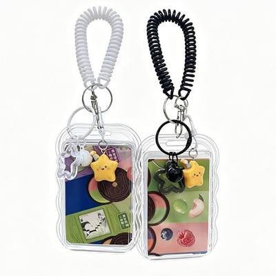 2 Pcs Photocard Holder Keychain,Cute K-pop Photocard Holder Keychain with Star Bell Keychain Pendant,Transparent Photo Keychain Holders for Student/Credit/Bus Cards,Ideal Gift for Fans(Black/White)