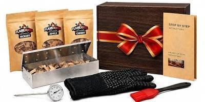 Deluxe BBQ Smoker Kit with Grilling Accessories | Includes Smoker Box, Basting Brush, Meat Thermometer, Heat-Resistant Glove, Instruction Manual, & 3 oz Hickory, Cherry & Apple Wood Chips
