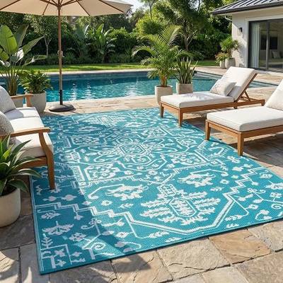 Outdoor Rug 9x12 Reversible Patio Rug Outdoor Plastic Straw Rugs Vintage Medallion Waterproof Outside Carpet for Deck RV Camping Rugs for Patio Backyard Picnic Porch Beach Balcony, Blue White