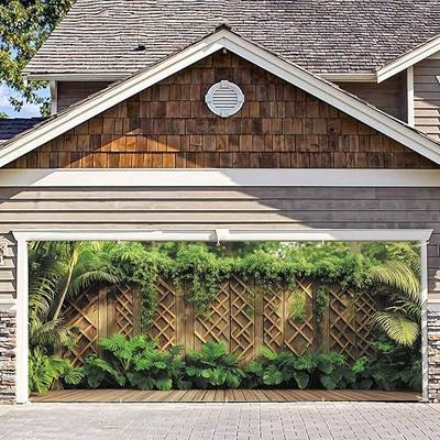 7 * 16FT Summer Bambo Fence Garage Door Cover Decorations Summer Topical Leaves Garage Door Banner for Outdoor Indoor Summer Party Photography Backdrop