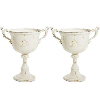 Worth Garden 21" H. Metal Urn Planters 2-Pack - White Classic Antique Iron Plant Pots - Decorative Rustic Flower Pots for Outdoor Use - Traditional Urn Planter for Garden, Patio, Front Porch
