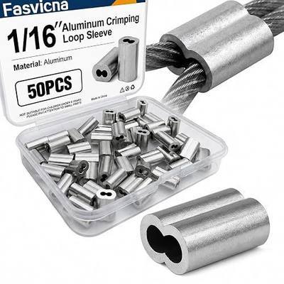 50 Pack 1/16" Aluminum Wire Rope Sleeves, Crimping Loop Ferrules | For 1/16" wire rope, Oval sleeve design, Crimped cable loop termination