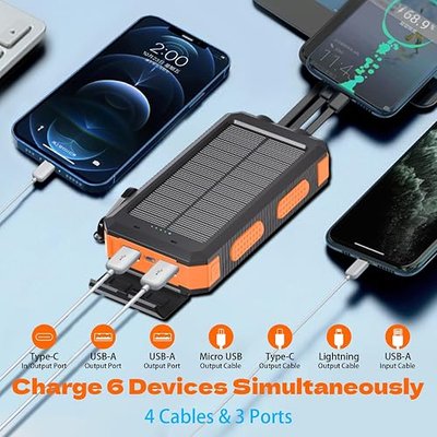 Solar Power Bank 20000mAh, Portable Phone Charger, 4 Cables Outdoor Waterproof External Backup Power Charger with USB-C for Cell Phones, Solar Battery Pack with Dual Flashlight for Camping