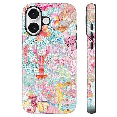 Lumen for iPhone 17 Case, Compatible with MagSafe, Hard Shell Protective Cover with Camera Protection - Preppy Coast Summer Collage Aesthetic, Pink Lobster Seahorse Leopard Coastal Watercolor