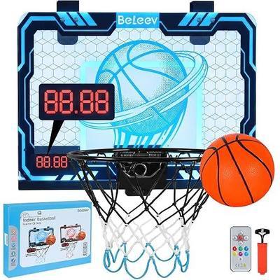 BELEEV Indoor Mini Basketball Hoop for Kids with LED Lights & Scoreboard | Over the Door Basketball Hoop with Foldable Rim and Ball & Pump, Indoor Sports Gift for Boys & Girls Ages 4-12