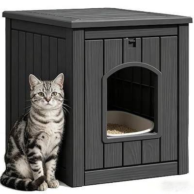 Cat Litter Box Enclosure, Multi-Functional Enclosed Cat Litter Box Furniture, Outdoor Cat House Weatherproof, Openable Front Door & Raised Floor, Easy to Clean & Assemble, Black