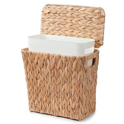 YANGQIHOME Water Hyacinth Bathroom Trash Can with Lid, Slim Rectangular Woven Waste Basket with Removable Waterproof Inner Bin, Decorative Wastebasket for Bedroom,2 Gallon,12.6’’L x 6.3’ W x 11’’H
