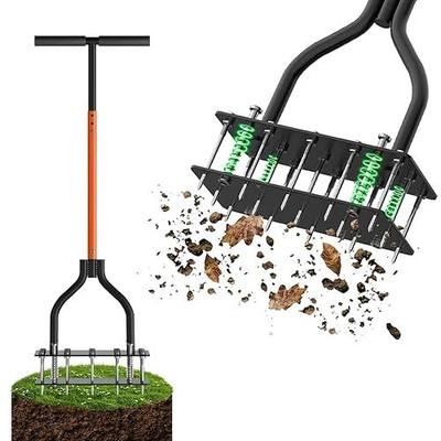 Manual Lawn Aerator Tool, Automatic Dirt and Leaf Clean Design, with 15 Iron Spikes Adjustable Height, Double-Layer Spring, for Loosening Soil Aerating Patio, Yard, Garden, (Black)