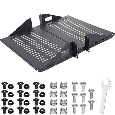 2U Cantilever Server Shelf Rack Mount 19 Inch 2 Piece Set Center Weighted Vented Tray for AV Data Network Equipment Enclosure, 110lb Capacity, 10 Inch Deep, Black(2U10InD)