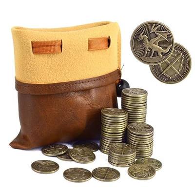 Vintage Tabletop Role-Playing Game Metal Coins and Storage Bag — Includes 40 Dragon-Themed Coins (Featuring Dragon and Sword/Shield Designs) Metal Tokens for TTRPG