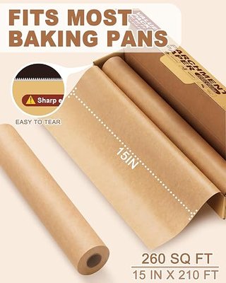 15 x 210 ft Unbleached Parchment Paper Roll with Serrated Cutter, 260 Sq.Ft Non-Stick Parchment Paper for Baking, Cooking, Grilling, roasting, Air Fryer and steaming