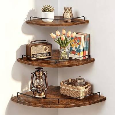 Homode Corner Shelf Wall Mounted Set of 3, Corner Floating Shelves 9/10/12 Inch Deep, Wood Round Corner Hanging Display Shelf with Guardrail for Bathroom Bedroom Kitchen Living Room, Rustic Brown