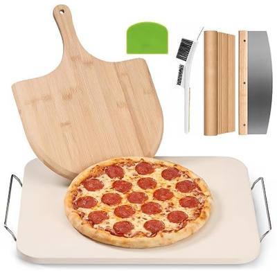 JEETEE 15x12" Cordierite Pizza Stone Set, Rectangular Baking Stone for Oven & Grill, Crispy Crust Homemade Pizza & Bread & BBQ, 6-Piece Pizza Cooking Stone Set