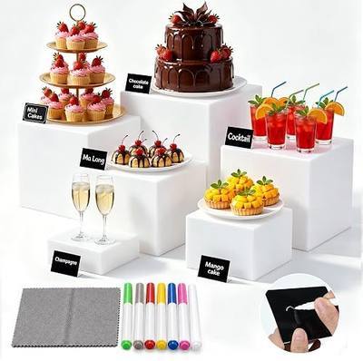 Buffet Risers, 6 Pcs White Acrylic Food Display Stands for Buffet Table, Stackable Nesting Cube Boxes with Mini Signs & Markers for Party Catering Wedding Dessert Table