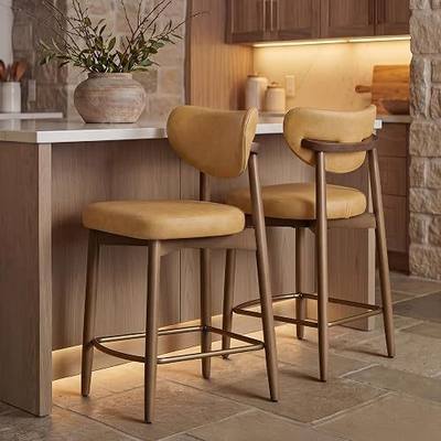 VASAGLE Wooden Bar Stools Set of 2, Synthetic Leather, Caramel Brown | Barstools with Solid Wood Legs, Ergonomic Backrest, Mid Century Modern, for Kitchen Island, Synthetic Leather