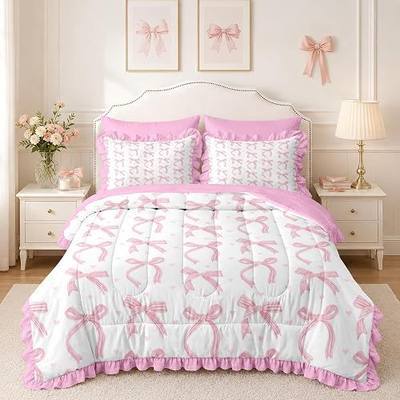 WeCozy Bow Comforter Set Twin Size, 5 Pieces Pink Ribbon Bow Ruffle Bedding Set for Girls, Bed in a Bag with 1 Ruffle Pillowcase & 1 Sham