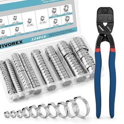 124PCS 10-Sizes Single Ear Hose Clamps, with Ear Clamp Pliers | 7-28.6mm Stainless Steel Cinch Rings Assortment Kit for Repairing Pipes, Plumbing, Fuel Lines