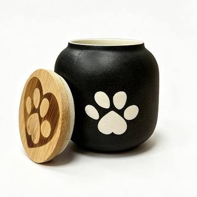 Small Pet Urn for Ashes, Cremation Memorial Urns for Cats & Dogs, 3.7"x4.1" Black Ceramic Paw Design Keepsake Jar with Wooden Lid, Pets Loss Sympathy Gift, 17oz