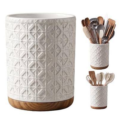 Boho Kitchen Decor Ceramic Utensil Holder with Wooden Base, Checkered Utensils Holder for Farmhouse Indoor Decorations, Utensil Crock for Kitchen Counter Utensil Organizer for Spatula & Spoon