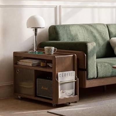 Solid Wood Narrow Side Table with Storage, End Table with Magazine Rack & Glass Door Cabinet, Small Couch Side Table for Living Room, Slim Nightstand for Bedroom, No Assembly