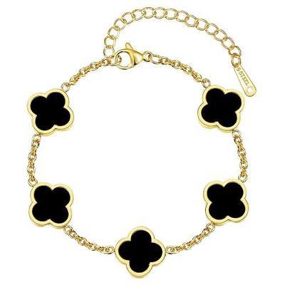Four Leaf Clover Bracelet for Women 18K Gold Plated Stainless Steel 4 Leaf Link Chain Adjustable Bracelets Lucky Gift for Women/White/Black/Rich Red/Emerald Green/ Navy Blue/Pink Bracelets