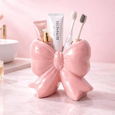 Pink Bow Toothbrush Holder, Ceramic Organizer Cup for Makeup Brushes & Pencils, Cute Small Bow Vase, Coquette Room Decor for Bathroom Vanity Desk Shelf, Gift for Women (Blush Pink)
