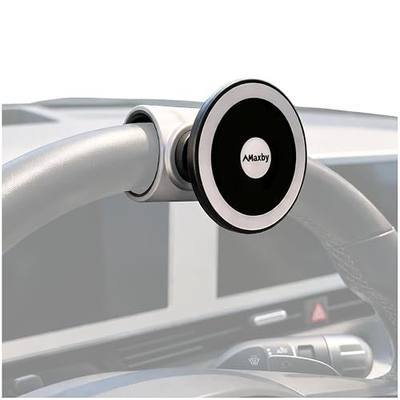 Maxby Steering Wheel Phone Holder for Parked Use, Magnetic Car Mount, Quick Attach Strap, Strong Magnetic Hold, Ball Joint Angle Adjustment, Hands-Free Viewing While Waiting