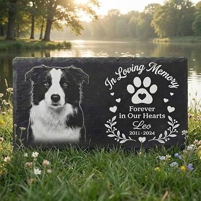 FlyWallD Personalized Pet Memorial Stone - Custom Laser Engraved Garden Headstone with Photo & Text - Weatherproof Dog Cat Grave Marker, Sympathy Gift for Loss of Beloved Pet