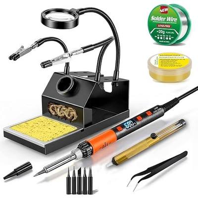 100W Soldering Iron Kit, Heavy-Duty Non-Slip Stand, 180-500°C, Auto Sleep | Helping Hands & Magnifier, Fast Heating, Adjustable Temperature, LED Display, Lead-Free Solder Wire