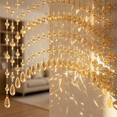 20 Strings Crystal Beaded Curtain, Arched Doorway Hanging Beads with Teardrop Pendants, Champagne Color Elegant Room Divider for Entryway, Living Room, Bedroom, Windows