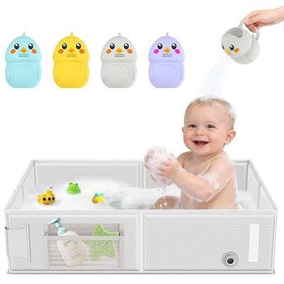 Collapsible Baby Bathtub, Foldable Toddler Bath Tub with Chick Pattern Bath Rinse Cup, No Assembly Portable Travel Bathtub for 6M-5Y, Ideal for Shower, Travel Essentials & Baby Registry Gift