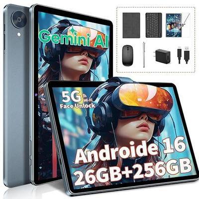 Android Tablet with Keyboard, 10 inch Android 16 Tablet, 26GB+256GB+2TB Expand, 2026 Gemini AI Tablet PC with 8-Core, 5G WiFi, 8000mAh, GPS, Electronic 2 in 1 Tablet with Case, Mouse, Stylus (Silver)