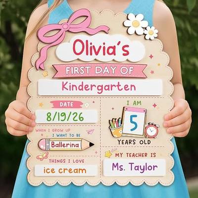 My First Day of School Sign 12"x10", First and Last Day of School Board with Marker, Reusable Back to Class Wooden Chalkboard for Preschool, Pre-K, and Kindergarten, Easy to Write & Clean Board (Bow)