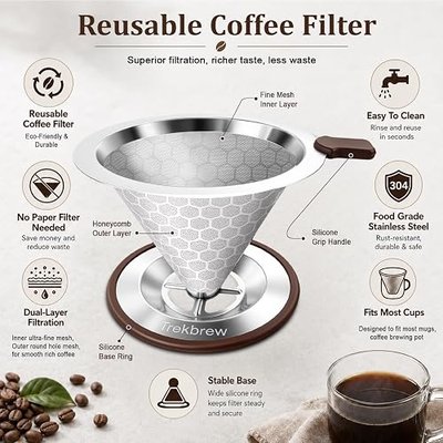 Pour Over Coffee Dripper, Stainless Steel Coffee Filter 600 Mesh Ultra-Fine,Paperless Reusable Coffee Filter,1-2 Cup Portable Single Serve Coffee Maker for Home Office Travel