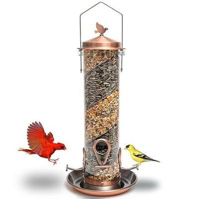 2 in 1 Spiral Bird Feeder, Hanging Bird Feeders for Outdoors, Copper Tube | finch feeders for outside, cardinal and blue jay magnet, copper metal tube bird feeder, two seed chambers, rain proof top