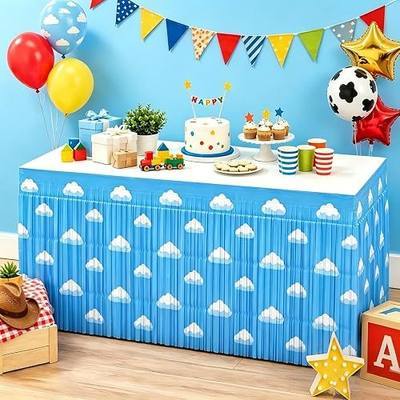 Blue Sky White Clouds Metallic Foil Tinsel Fringe Table Skirt Birthday Party Decorations, 2 Pack 29.5 x 108 Inch Cartoon Theme Table Streamers Curtains Skirts for Rectangle Round Table Party Decor