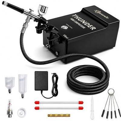 Airbrush Kit with Air Compressor, 55 PSI, 0.3mm Single-Action | 40dB Quiet Motor, Plug-In Desktop Power, Continuous Airflow, 1.8m Hose, For 3D Prints & Basecoats, Universal 1/8" Fitting