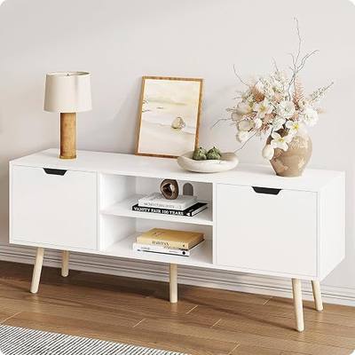 White TV Stand for 50 55 60+ Inch TVs, Modern TV Console with Storage Cabinets, Open Shelves and Solid Wood Legs, Entertainment Center Media Console, TV Stands for Living Room