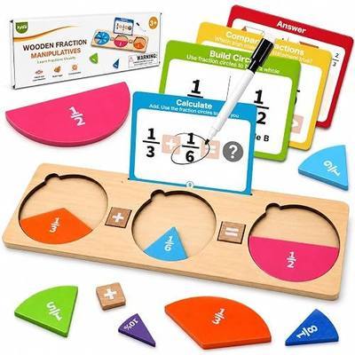Wooden Fraction Manipulatives, Fraction Tiles & Circles,Montessori Math Toys for Kids | Math Manipulatives, Elementary School, Fraction Learning, Hands-On Activity, Includes Tiles & Circles