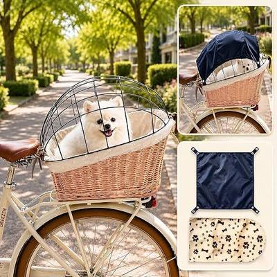 Dog Bike Basket Rear Rack Pet Carrier for Small Dogs up to 20 lbs | Fits 4.7"-7" rear racks; features UV canopy & removable metal grille; woven willow with warm fleece; ideal for small pets.