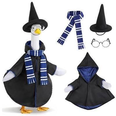 4 Pcs Halloween Wizard Porch Goose Outfit, Magic Lawn Porch Goose Clothes Wizard Costume for 23'' Statue, Witch Garden Geese Outfit with Hat Scarf Glasses for Patio Yard Christmas Decor (Blue)