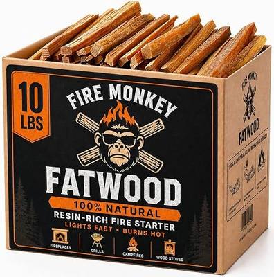Fatwood Fire Starter Sticks 10 LB Box, All Natural Resin-Rich Pine Wood Fire Starters for Fireplace, Fire Pit, Campfire, BBQ Grill, Charcoal & Wood Stove, Indoor & Outdoor, Lights Fast, Burns Hot!