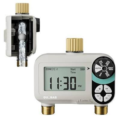 QUOBAS Zero Pressure Water Timer, Brass Sprinkler Timer for Garden Hose | Programmable Hose Timer with Child Lock , Rain Delay/Manual/Auto Irrigation System, 2 Zone Watering for Rain Barrel