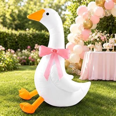 RoundFunny One Silly Goose Birthday Decor 6ft Inflatable Goose with Pink Bow Yard Decoration Giant Blow Up Garden Decor with Built-in LED Lights for Baby Shower - Includes Stakes Tethers & Blower